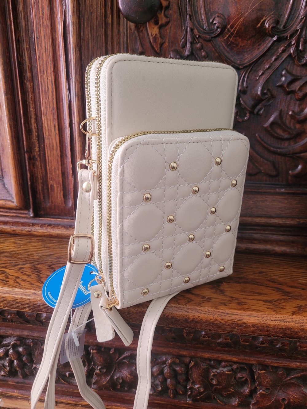 Quilted Stud Accent Cream Crossbody Bag